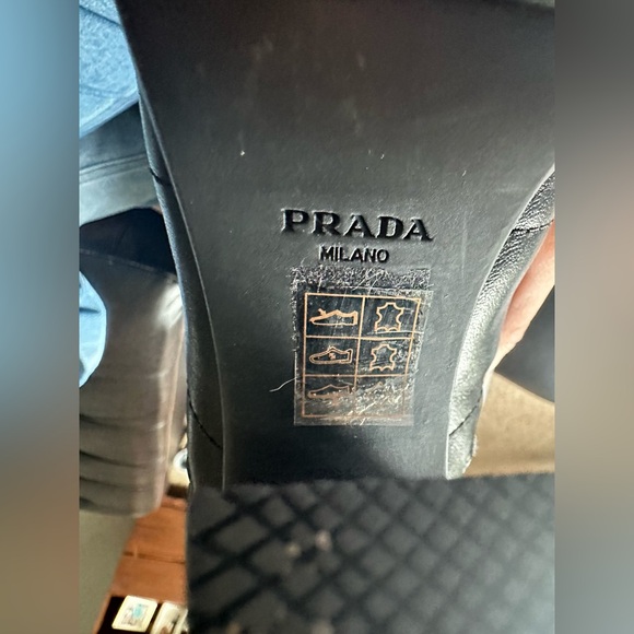 Prada Logo Lug Sole Platform Block Heels Ankle Moto Combat Black Leather 37 1/2 - Picture 7 of 14